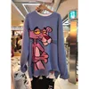 Vår Koreansk tecknadtröja Kvinnors Loose Leopard Round Neck Casual Pullover Stickning Toppar Z006 211018