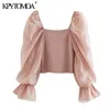 KPYTOMOA Kvinnor Sweet Fashion Patchwork Organza Sticked Bluses Vintage See Through Sleeve Stretch Female Shirts Chic Tops 210326