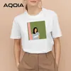 Aqoia vintage abstrato pintura mulheres camiseta de mangas curtas estilo coreano em volta do pescoço do pescoço de verão meninas de moda tops 210521