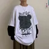 2021 Bear Print T-shirts Loose Printing Bottoming Shirt Youth Hip-hop Couple Clothes Ins Student Clothes Funny Japan Tops Male H1230