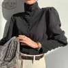 Turtleneck Lantern Sleeve Shirts for Women Elegant Black Blouse Office Lady Fashion Button Solid Female Clothing 12882 210506