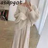 Retro Korean Chic Solid V Neck Batwing Sleeve Pullovers Sweater Knitted Top Loose Lace Patchwork Spaghetti Strap Dress Gentle 210429