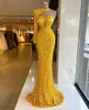Glitter amarelo um ombro grânulos lantejoulas formais longas vestido de baile 2021 Dubai Árabe robe de soiree festa vestidos de noite