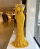 Glitter amarelo contas de um ombro lantejoulas formal longo vestido de baile 2021 dubai árabe robe de festa vestidos de noite 322