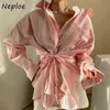 Mode nep 2 stks gestreepte patchwork blouse vrouwen kraag kraag lange mouw enkele borst blusas lente shirt 210422