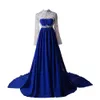 2022 Royal Blue manica lunga abiti da sera formale collo alto perline cristallo lungo treno Prom Party Sweet 16 vestito aperto indietro