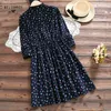 Autumn Spring Women Vintage Dresses Ruffled Polka Dot Printed Lace Up Vestidos Femininos Navy Pink Drawstring Waist A-line Dress 210520