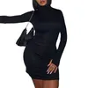Women Pencil Dress Long Sleeve Turtleneck Black Sale Bag Hip High Waist Slim Fit Ruched Ladies Mini Clubwear 210522