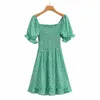 VUWWYV Kleider für Frauen Chic Green Print Rüschen Geraffte Midi Frau Kleid Sommer Kurze Puff Sleeve Vordere Krawatte Vestidos 210430