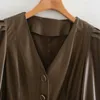 ベルトのフェイクレザーのセクシーなVネックスリーブ女性のドレスビンテージの気質ボタン装飾シックな女性Midi Skirt 210507