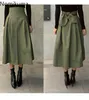 Nomikuma Ordusu Yeşil Etek Kadınlar Geri Yay Düğüm A-Line Katı Renk Yüksek Bel Orta Buzağı Etekler Streetwear Jupe Longue Femme 3D466 210514