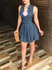 Women Dress Big Open Deep V-Neck Button Decorated Sleeveless Ruched Denim Fit and Flare High Waist Clothing 210522