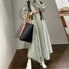 Coréen Chic rayé revers simple boutonnage taille haute manches longues robe plissée irrégulière pour les femmes printemps ZT1082 210427