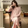 Pijamas conjuntos de mulheres de algodão puro temperamento coreano doce rosa cardigan sleepwear de mangas compridas Calças camisola 210901