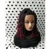 Handgjorda 14inch Box Flätor Lace Front Wig med lockiga tips 1b / Burgundy Ombre Red Color Short Braiding Hair Synthetiska peruker för svarta kvinnor