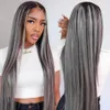 24/32 Inch Grey Long Highlight Human Hair Wig Ombre Transparent HD Lace Front Wig 13x4 Curly Hair Women's Natural Hairline Fakeseamless natural Precut