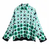 PUWD Casual Women Green Print Blouse Suit Spring Elegant Female Streetwear Pant Matching Sets Ladies Vinatge Geometry Suits 210930