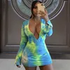 Sexy Diepe V-hals Drtie Dye Lange Flare Mouw Bodycon Mini Jurken Dames Y2K Kleding Vrouw Zomer Kleding Club Party Draag X0529