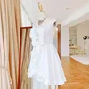 Women's V-neck Sleeveless Mini Diamond Button Ruffle Sexy Celebrity Party Dress for Summer White Casual 210525