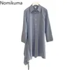 Nomikuma Élégant Vintage Robe rayée Femmes Simple Boutonnage Manches longues Robes irrégulières Mode coréenne Robes Mujer 3b219 210514