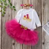 Set di abbigliamento per bambini ragazze paillettes fiocco fascia lettera pagliaccetto manica lunga tutu gonne di pizzo 3 pezzi / set boutique neonato festa di compleanno