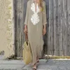 40# Women Lace Embroidery DrLong Sleeve V-neck Maxis DrSplit Hem Baggy Kaftan Long DrOversized Dr 2021 X0529