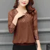 Herbst Strass Spitze Bodenbildung Top Plus Größe Samt Frauen Bluse Shirts Kleidung Rundhals Langarm 52J 210420