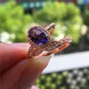 Cluster Rings Charm Female Ladies Purple Stone Ring Set Crystal Rose Gold Oval Wedding Vintage Party Promise Engagement For Women
