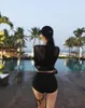 Seaside Black Mesh seing-Through baddräkt Sexig hög midja våren Simning kostym Kvinnor Badkläder 3-bitar Bikini Set Women's