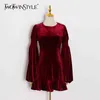 TWOTWINSTYLE Velours Rotes Kleid Für Frauen O Hals Laterne Hülse Hohe Taille Mini Solide Kleider Weibliche Mode Kleidung Stilvolle 210517