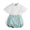 Meninos espanhol boutique vestuário conjunto menino roupas de verão terno camisa de algodão infantil + calça suspensora bebê festa de aniversário # 210326