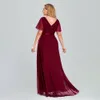 Plus size vestidos de noite longo elegante uma linha V Neck Ruffles Chiffon Formal Party Dress Robe de Soiree 2021