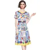 est Fashion Runway Summer Dress Women's Short Sleeve Round Neck Blue And white porcelain Floral Print Party Midi 210506