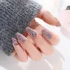 Glitter Powder 24 pieces Strip Almond Full Fake Nails Pure color Bright Shimmer Wearing False Nail Ins Purple Black Nail Art Finished