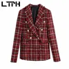 Vintage Red Plaid Stroje Damskie Spódnice Garnitury Soft Tweed Blazer Jacket Casual High Paist Pakiet Hip Spódnice Wiosna 210427