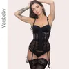 VarsBaby Sexy 2st Waist Corsets + Strumpor Slim Shapewear Waist Trainer Bodysuit Kvinnor Lace Black S M L XL XXL 211112