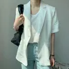 Elegante Baumwollleinen weißer Blazer für Frauen gekerbte Kurzarm Solide minimalistische Blazer Weibliche Chic Sommerjacken 210601