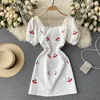 Neploe White Dress Spring Fashion Vestidos Mujer Square Collar Puff Sleeve Embroidery Cherry Sweet Mini Dresses for Women 210422