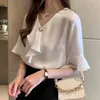 Solid Women Tops and Blouses Casual Clothing Short Sleeve V-neck White Pink Elegant Office Lady Ruffle Blouse 9606 210506