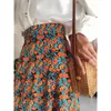 スカート2022夏の女性韓国風ビンテージ花柄プリュフルプリーツロングストリートウェアドローストリング弾性ウエストミディスカート