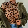 OMSJ Dames Sexy Leopard Gedrukt Skinny Bodysuit Bruin Hoge Hals Lange Mouwen Jumpsuit Clubwear Tops Basic Algs for Ladies 210517