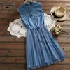 summer women dress elegant high waist sleeveless blue mesh splice A-Line mini s clothing 3518 50 210508
