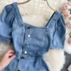 Fashion Gilrs Denim Dress Summer Square Collar Short Puff Sleeve Single Breasted Hollow Out Waist Mini Jeans 210603
