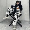 Houzhou Hippie Cow Print Drukuj Harajuku Krowa Wzorzyste Spodnie Koreański Styl Kombinezony Casual Baggy Szerokie spodnie nóg Spring 211006