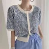 Corée Style Femmes Floral Imprimé Tricoté Cardigans Printemps Bleu Daisy Imprimer Pull Crop Top Casual Lâche Tricots Survêtement 210529