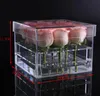 Förpackningslådor Acrylic Rose Flower Box Multi Function Organizer Holder Makeup Case Kosmetiska Verktyg Hållare Valentins gåva