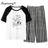 Pijamas Women Summer Cotton Sleepwear Preppy Style Short Sleeved Quarter Pant Two Piece Set Bear Printing Pajamas for Teen Girls 210622