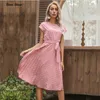 Summer Polka Dots Sleeveless Pleated Dresses For Women High Waist Midi Elegant Office Green Lady Dinner Party Clothes 210623