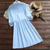 Japoński Mori Dziewczyna Wiosna Kobiety Koszula Dress Peter Pan Collar Lace Up Haft Cute Elegancki Kawaii Bawełna Różowy Blue 210520