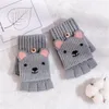 Cinq doigts gants demi-doigt à clapet femmes hiver tricoté laine fil coupé mignon Animal chaud